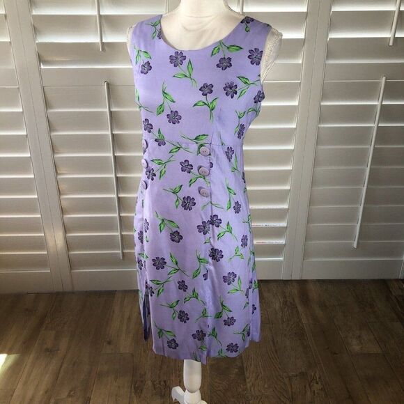 Vtg 80s TR Bentley Rayon Dress NWT 12 Purple Floral Scoop Neck Button Detail Fun - Picture 7 of 11